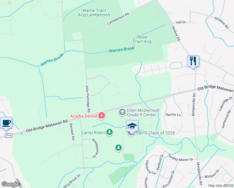 map of restaurants, bars, coffee shops, grocery stores, and more near 9 Bartlett Court in Matawan
