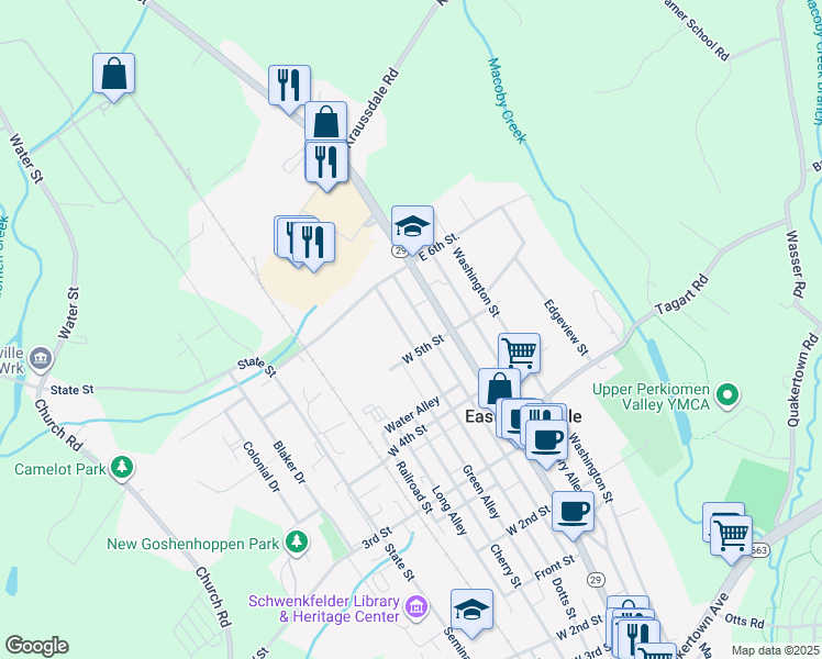 map of restaurants, bars, coffee shops, grocery stores, and more near 513 Jefferson Street in East Greenville