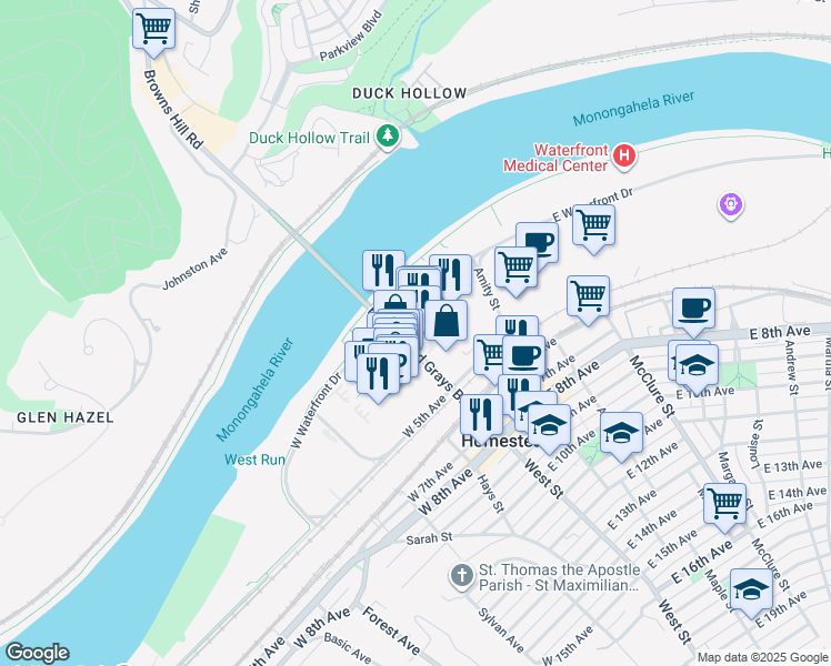map of restaurants, bars, coffee shops, grocery stores, and more near 159 East Bridge Street in Homestead