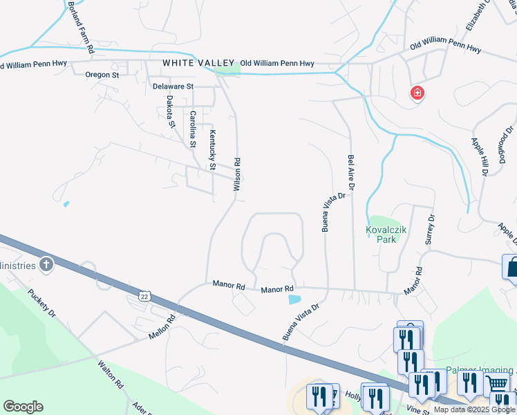 map of restaurants, bars, coffee shops, grocery stores, and more near 2367 Wheatland Circle in Delmont