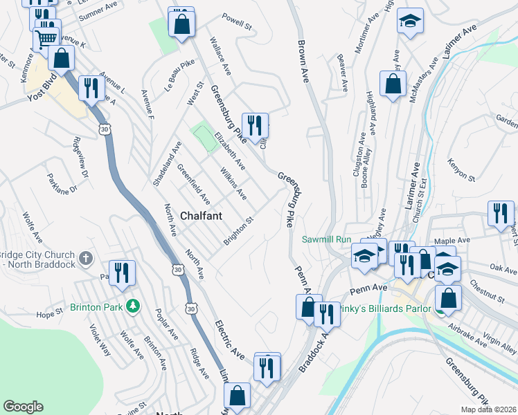 map of restaurants, bars, coffee shops, grocery stores, and more near 102 Highland Avenue in East Pittsburgh