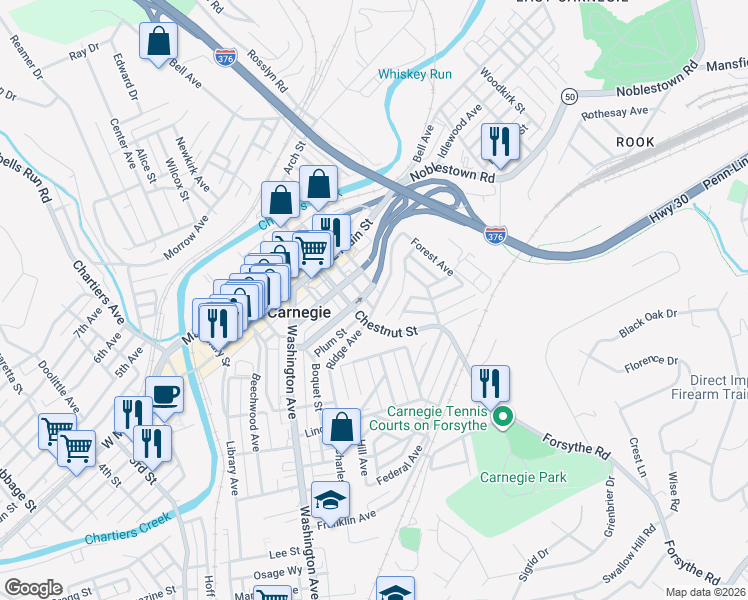 map of restaurants, bars, coffee shops, grocery stores, and more near 535 Chestnut Street in Carnegie