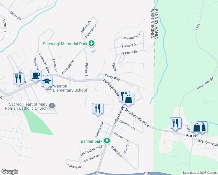 map of restaurants, bars, coffee shops, grocery stores, and more near 115 Denese Dr in Weirton