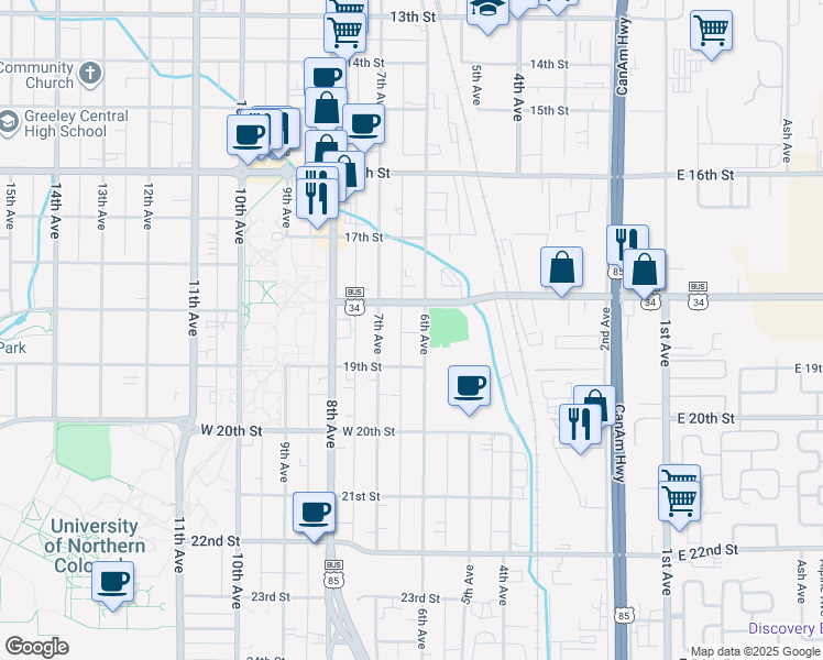 map of restaurants, bars, coffee shops, grocery stores, and more near 1839 6th Avenue in Greeley