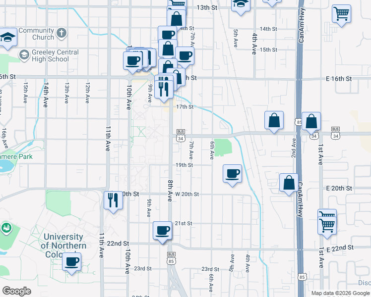 map of restaurants, bars, coffee shops, grocery stores, and more near 1837 7th Avenue in Greeley