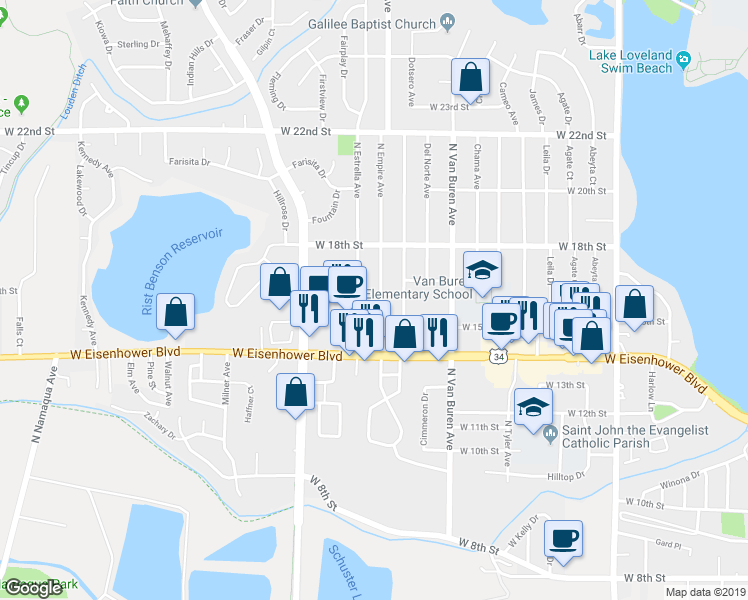 map of restaurants, bars, coffee shops, grocery stores, and more near 1504 North Estrella Avenue in Loveland
