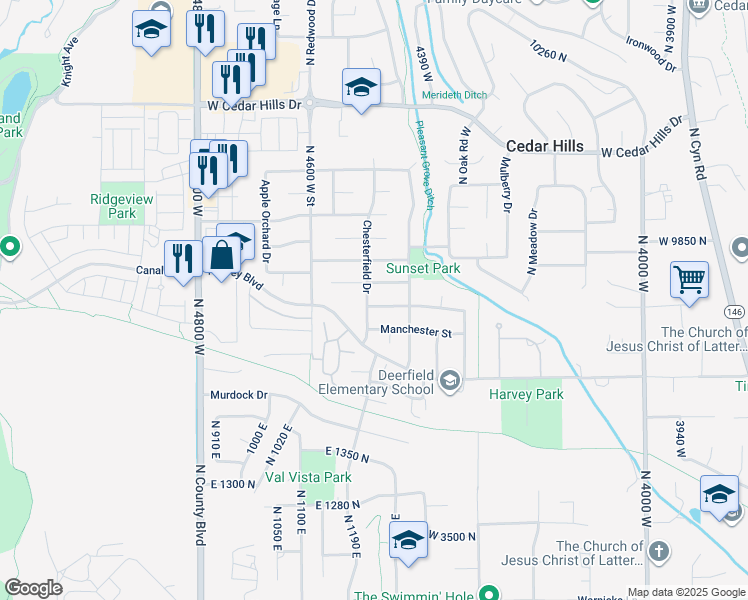 map of restaurants, bars, coffee shops, grocery stores, and more near 9691 Chesterfield Drive in Cedar Hills