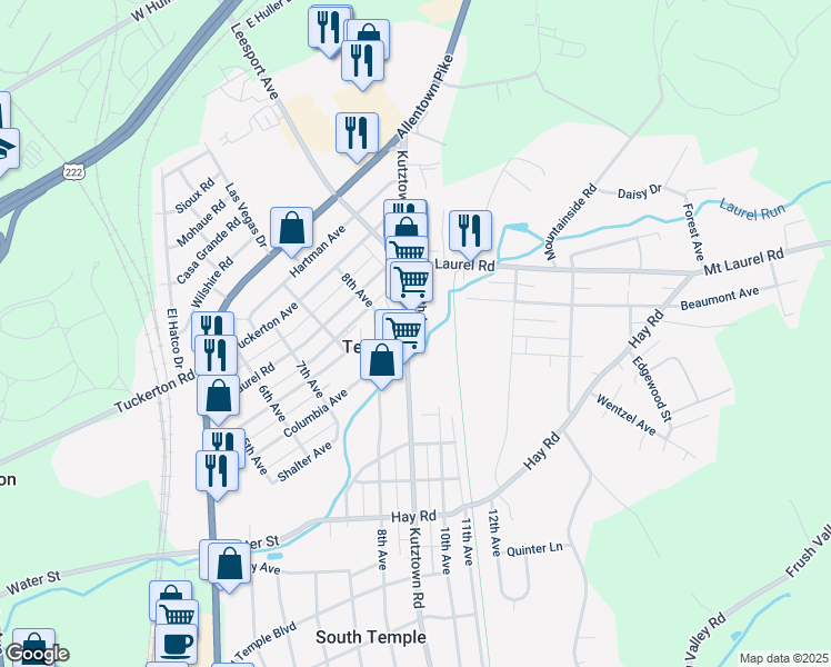 map of restaurants, bars, coffee shops, grocery stores, and more near 4853 Kutztown Road in Temple