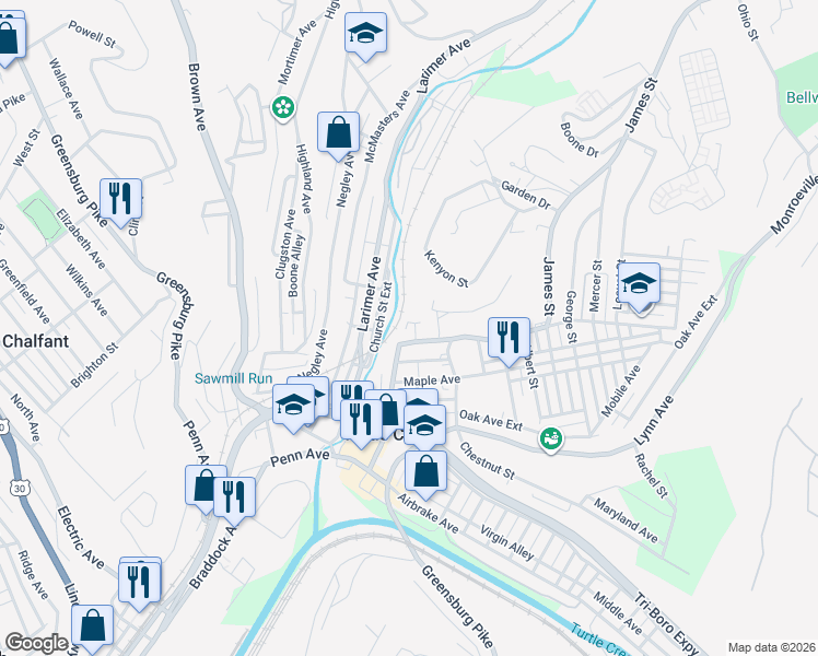 map of restaurants, bars, coffee shops, grocery stores, and more near 808 Grant Street in Turtle Creek