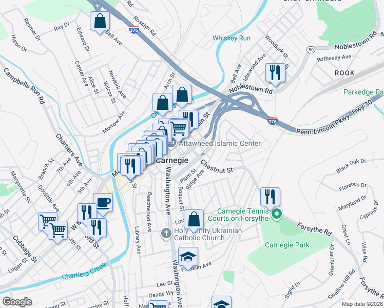 map of restaurants, bars, coffee shops, grocery stores, and more near 400 Lydia Street in Carnegie