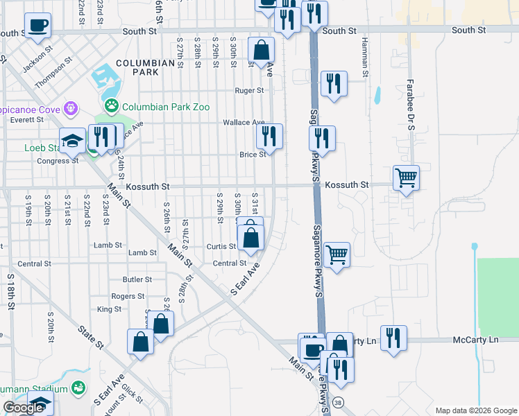 map of restaurants, bars, coffee shops, grocery stores, and more near 800 S 31st St in Lafayette
