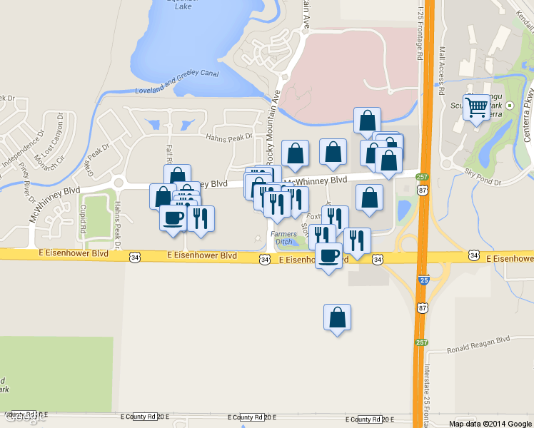 map of restaurants, bars, coffee shops, grocery stores, and more near 1657 Rocky Mountain Ave in Loveland