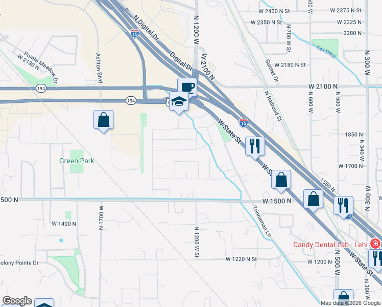 map of restaurants, bars, coffee shops, grocery stores, and more near 1758 North 1150 West in Lehi