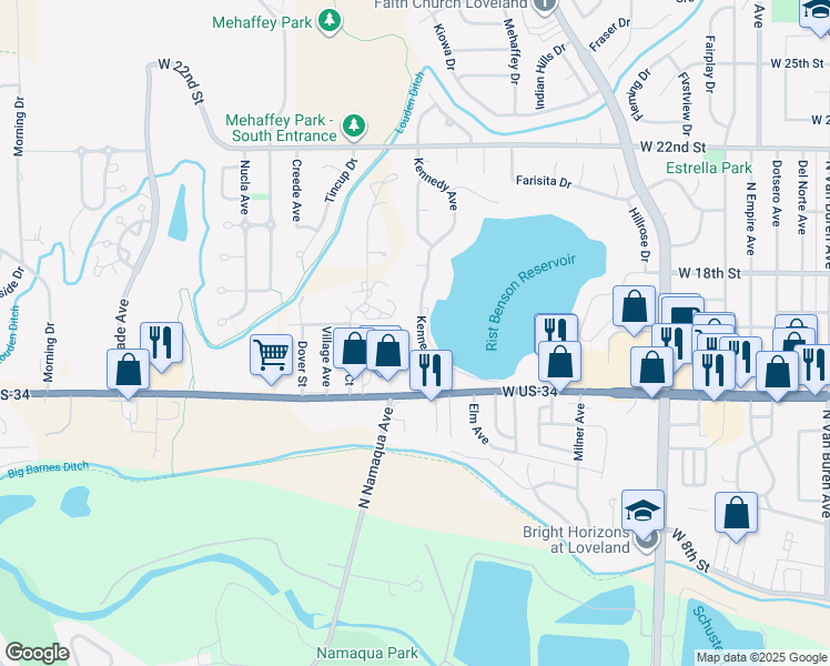 map of restaurants, bars, coffee shops, grocery stores, and more near 1543 Kennedy Avenue in Loveland