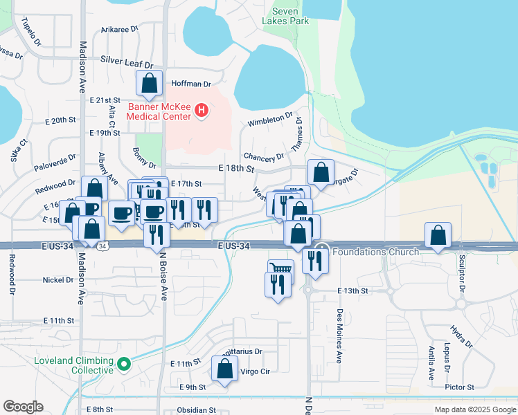map of restaurants, bars, coffee shops, grocery stores, and more near 2049 Cheyenne Avenue in Loveland