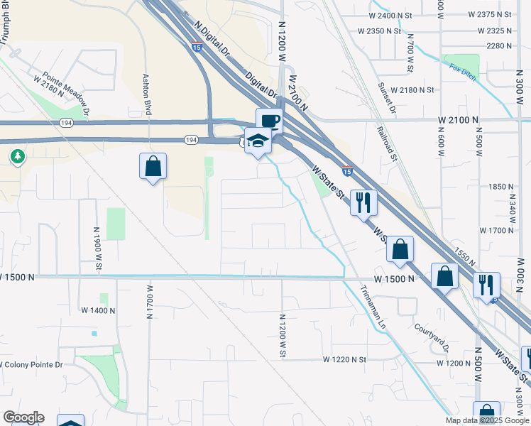 map of restaurants, bars, coffee shops, grocery stores, and more near 1249 West 1800 North in Lehi