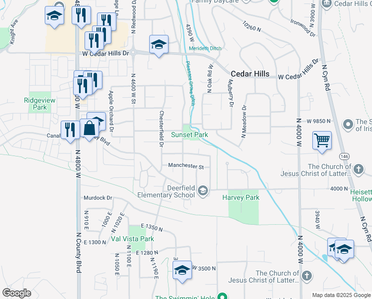 map of restaurants, bars, coffee shops, grocery stores, and more near 9752 Dorchester Drive in Cedar Hills