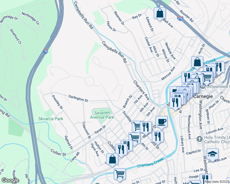 map of restaurants, bars, coffee shops, grocery stores, and more near 118 Cathedral Court in Carnegie