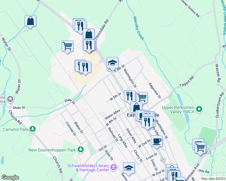map of restaurants, bars, coffee shops, grocery stores, and more near 513 Jefferson Street in East Greenville