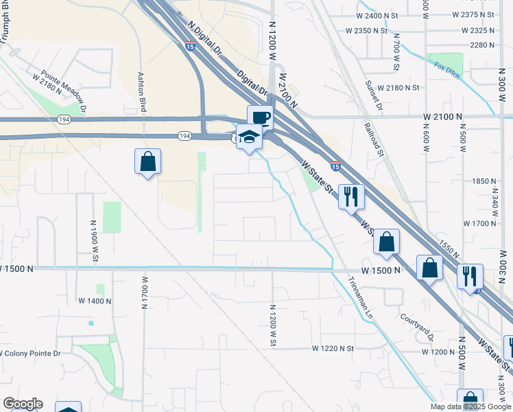 map of restaurants, bars, coffee shops, grocery stores, and more near 1249 West 1800 North in Lehi