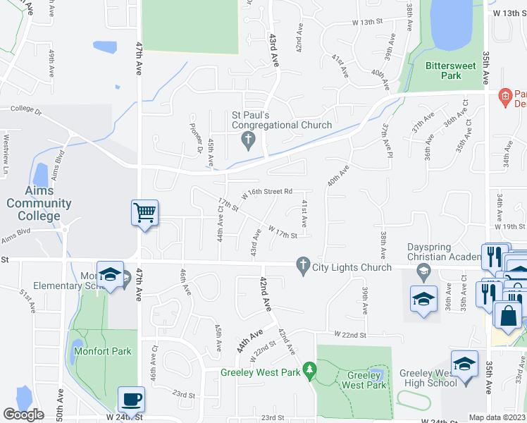 map of restaurants, bars, coffee shops, grocery stores, and more near 1639 43rd Avenue in Greeley