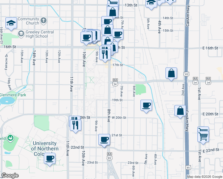 map of restaurants, bars, coffee shops, grocery stores, and more near 1820 8th Avenue in Greeley
