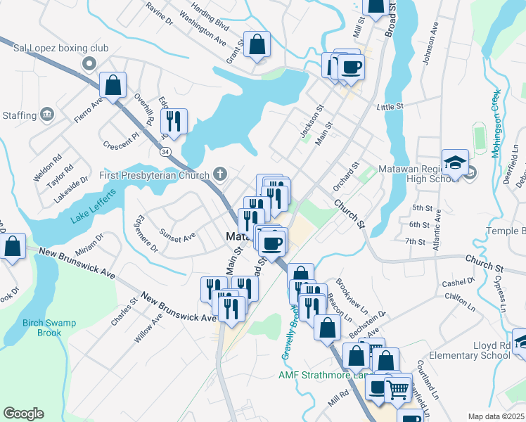 map of restaurants, bars, coffee shops, grocery stores, and more near 260 Main Street in Matawan