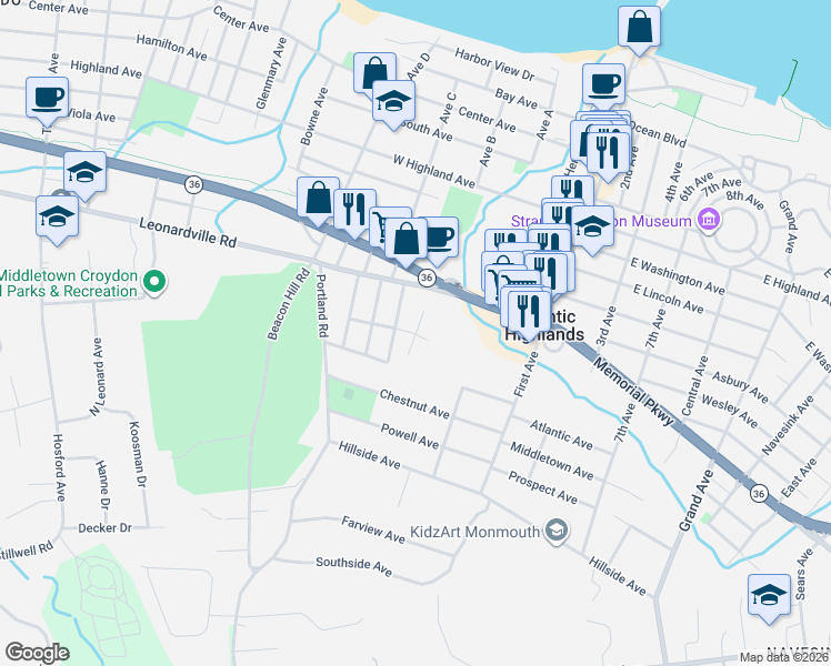 map of restaurants, bars, coffee shops, grocery stores, and more near 58 Oakland Avenue in Atlantic Highlands