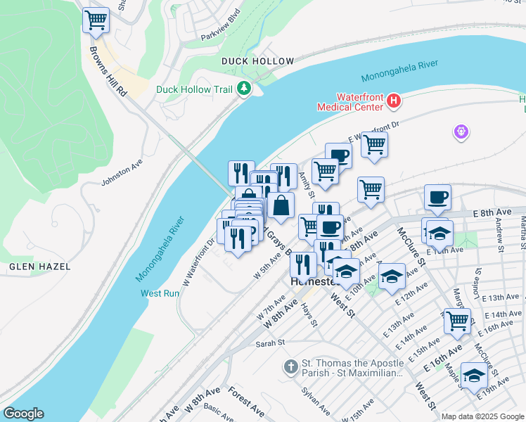 map of restaurants, bars, coffee shops, grocery stores, and more near 159 East Bridge Street in Homestead