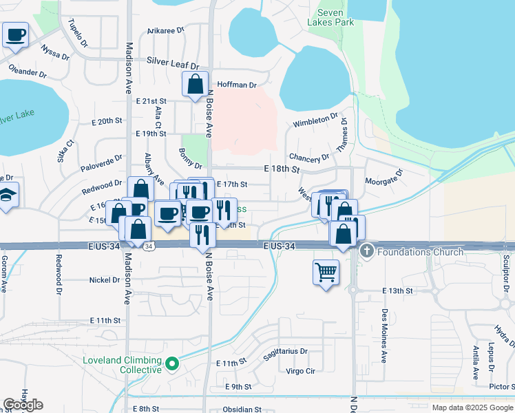 map of restaurants, bars, coffee shops, grocery stores, and more near 1826 East 16th Street in Loveland
