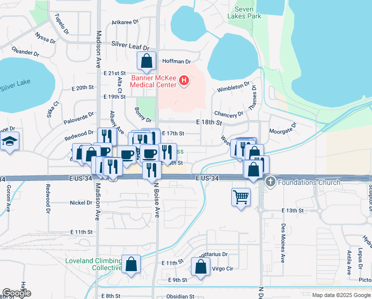 map of restaurants, bars, coffee shops, grocery stores, and more near 1505 Snowy Range Court in Loveland