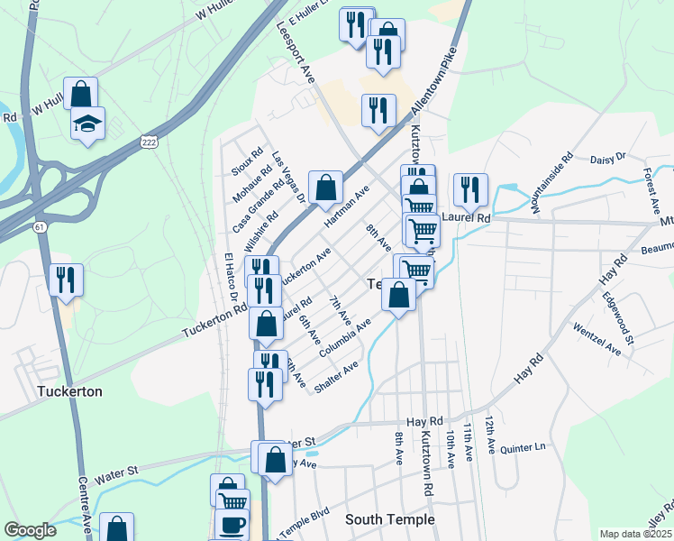 map of restaurants, bars, coffee shops, grocery stores, and more near 721 Mount Laurel Road in Temple