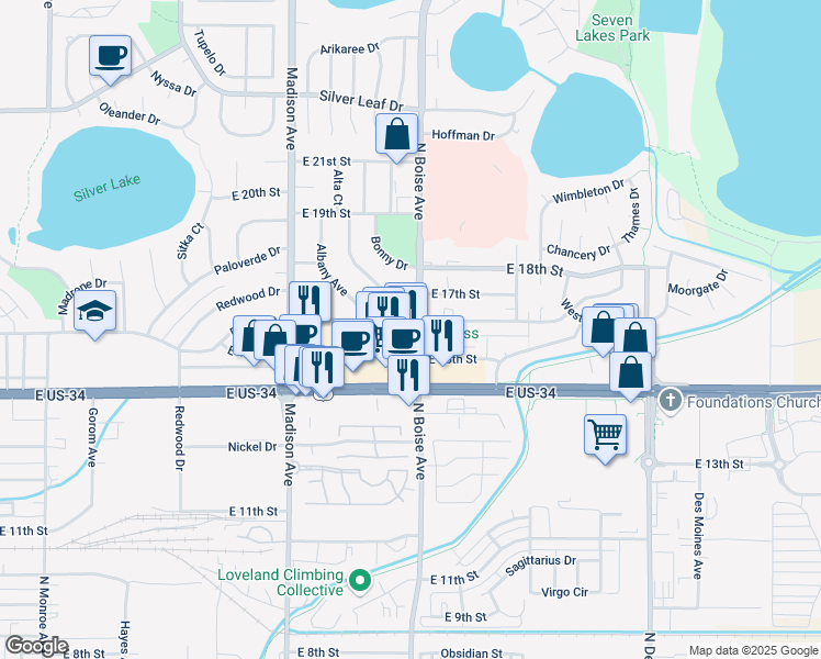 map of restaurants, bars, coffee shops, grocery stores, and more near 1451 North Boise Avenue in Loveland