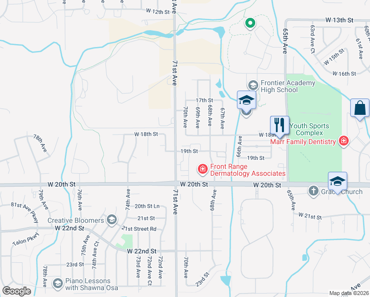 map of restaurants, bars, coffee shops, grocery stores, and more near 1904 71st Avenue in Greeley