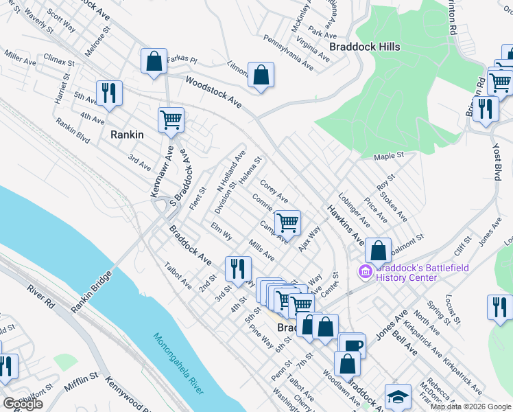 map of restaurants, bars, coffee shops, grocery stores, and more near 205 Camp Avenue in Braddock