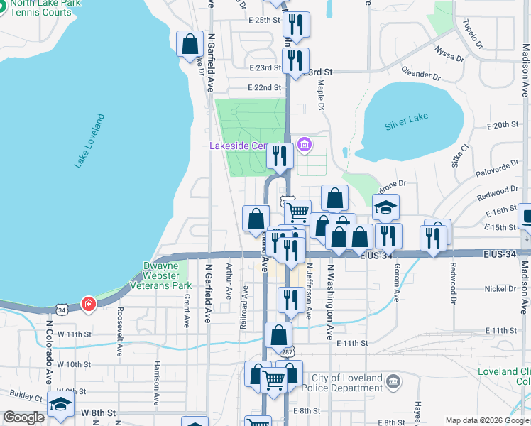 map of restaurants, bars, coffee shops, grocery stores, and more near 125 East 15th Street in Loveland
