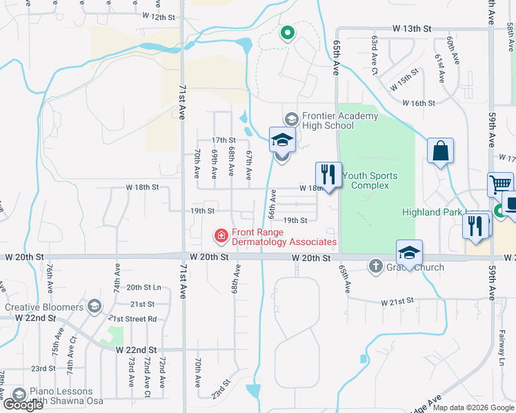 map of restaurants, bars, coffee shops, grocery stores, and more near 1906 68th Avenue in Greeley