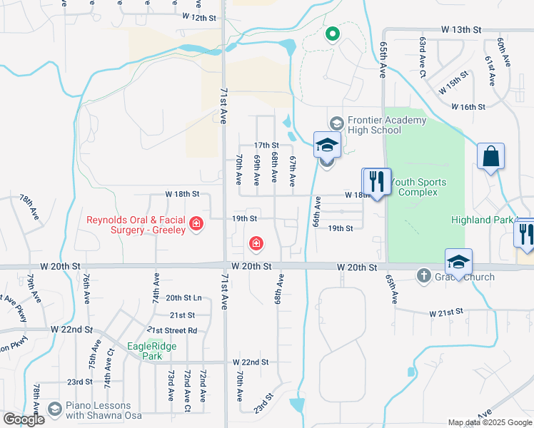 map of restaurants, bars, coffee shops, grocery stores, and more near in Greeley