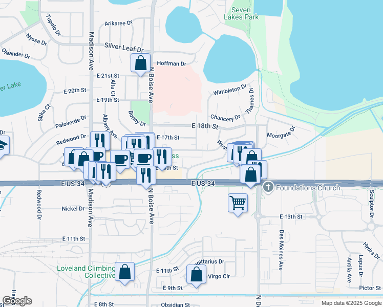 map of restaurants, bars, coffee shops, grocery stores, and more near 1505 Snowy Range Court in Loveland