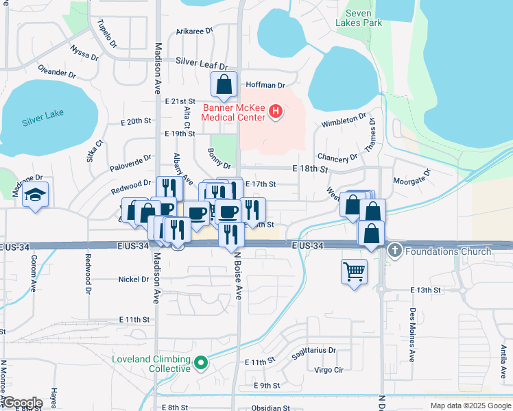 map of restaurants, bars, coffee shops, grocery stores, and more near 1705 Kokanee Court in Loveland