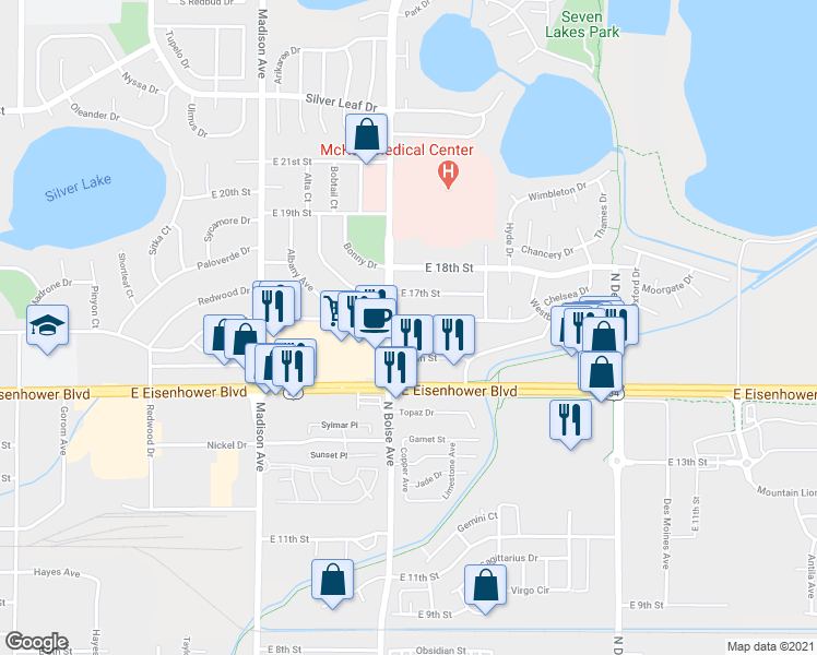 map of restaurants, bars, coffee shops, grocery stores, and more near 1705 Kokanee Court in Loveland
