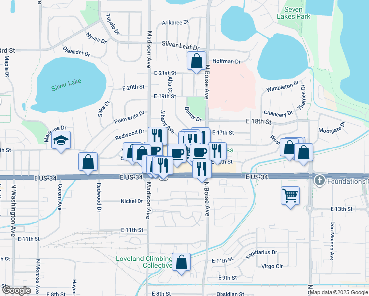 map of restaurants, bars, coffee shops, grocery stores, and more near 1463 East Eisenhower Boulevard in Loveland