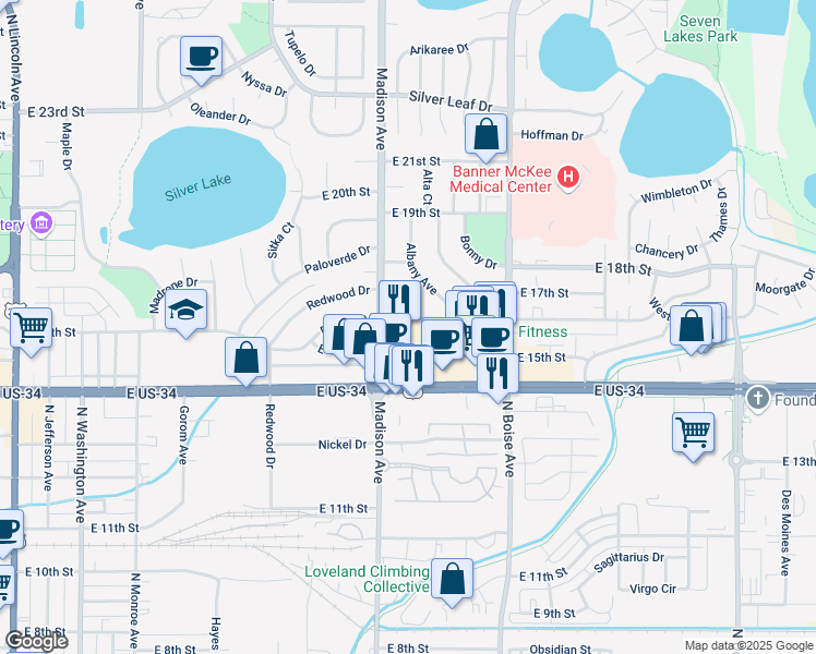 map of restaurants, bars, coffee shops, grocery stores, and more near 1325 East Eisenhower Boulevard in Loveland