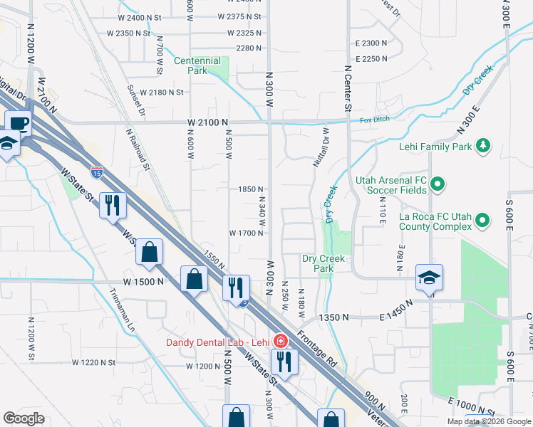 map of restaurants, bars, coffee shops, grocery stores, and more near 372 West 1700 North in Lehi