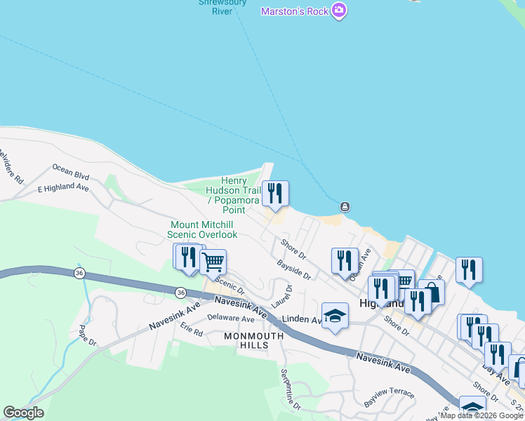 map of restaurants, bars, coffee shops, grocery stores, and more near 354 Shore Drive in Highlands