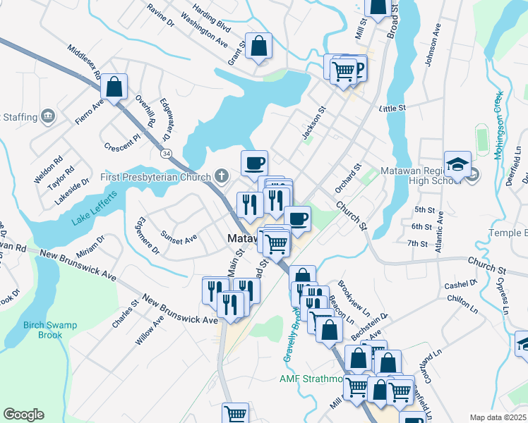 map of restaurants, bars, coffee shops, grocery stores, and more near in Matawan