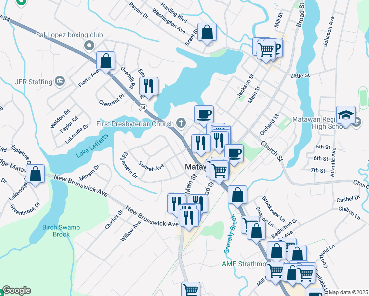 map of restaurants, bars, coffee shops, grocery stores, and more near in Matawan