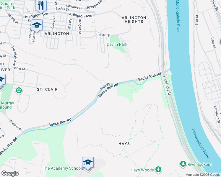 map of restaurants, bars, coffee shops, grocery stores, and more near 785 Becks Run Road in Pittsburgh