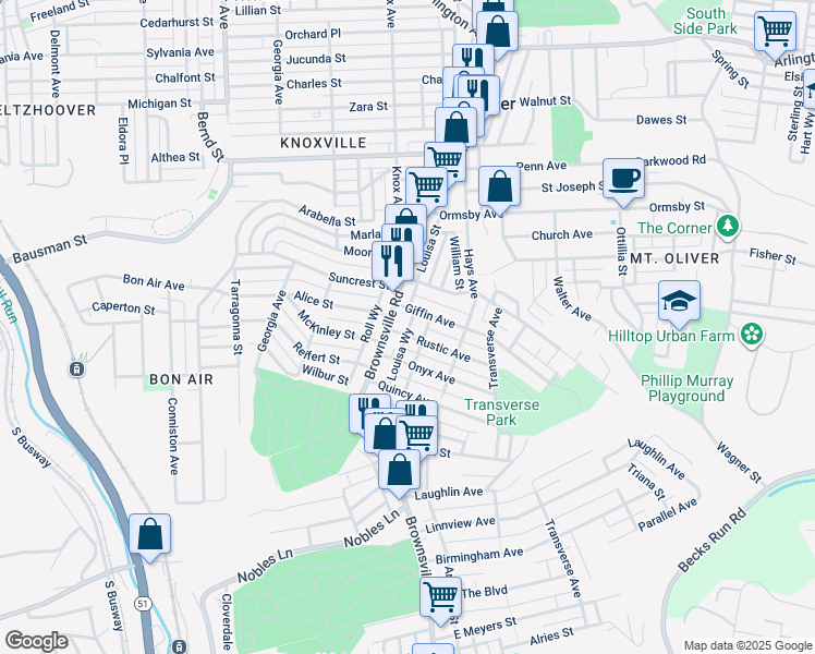 map of restaurants, bars, coffee shops, grocery stores, and more near 101 Onyx Avenue in Pittsburgh