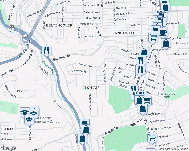 map of restaurants, bars, coffee shops, grocery stores, and more near 223 Camfield Street in Pittsburgh